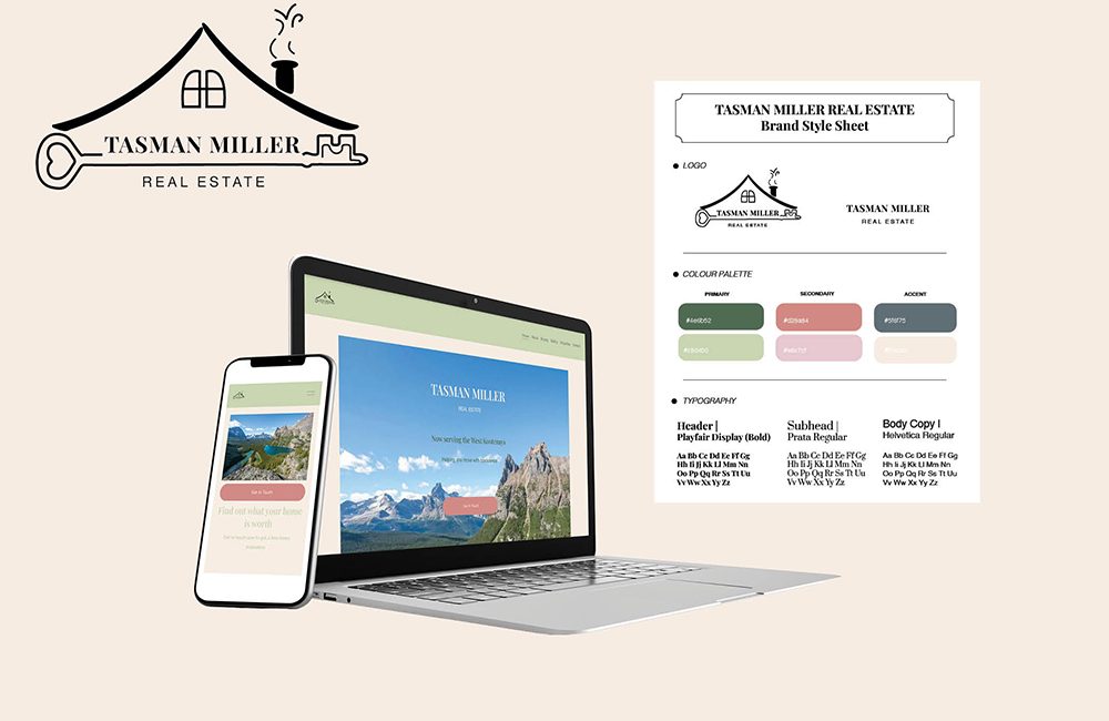 Tasman Miller Real Estate Logo, brand guidelines, and Macbook and mobile mockups