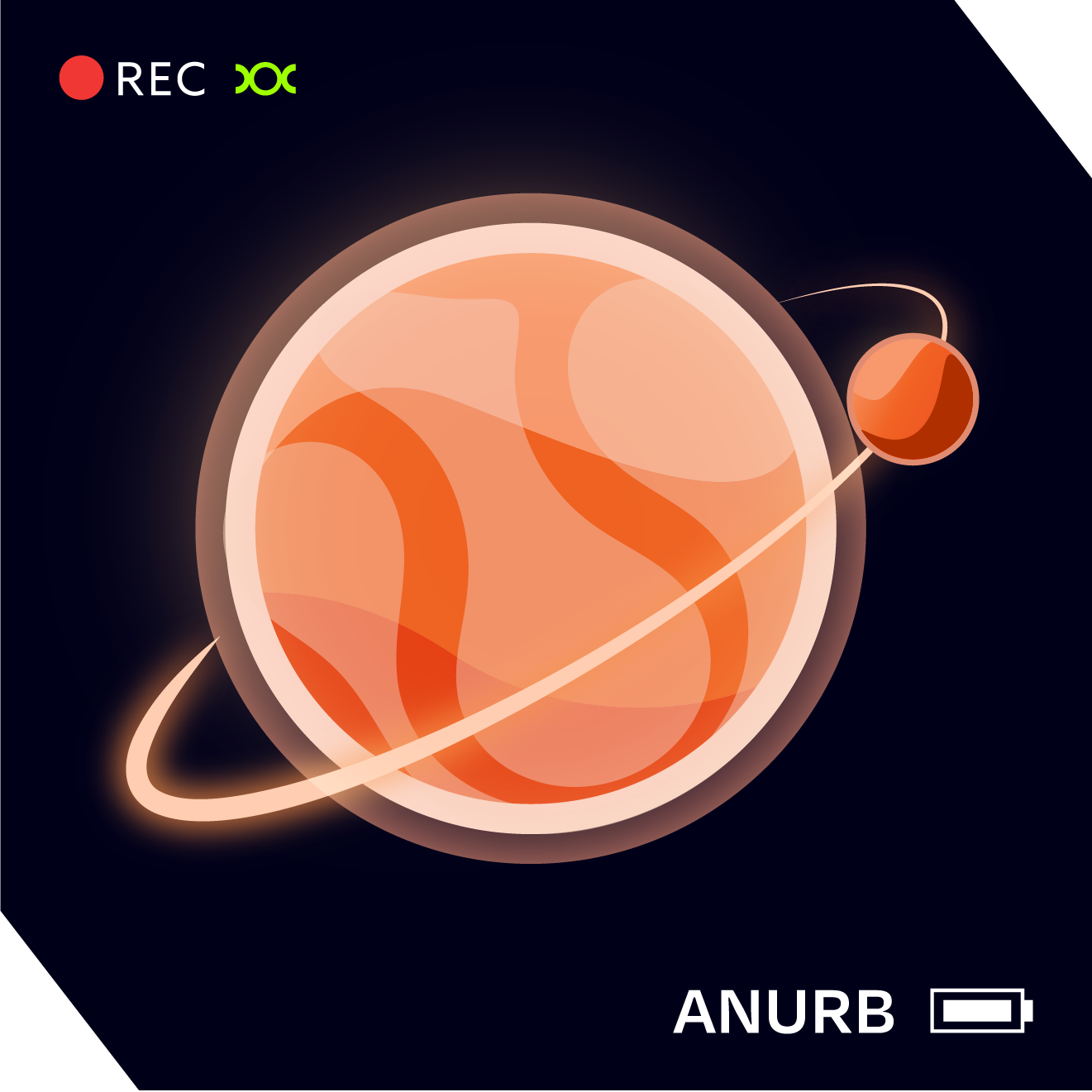 Orange lava lamp planet with a ring and moon