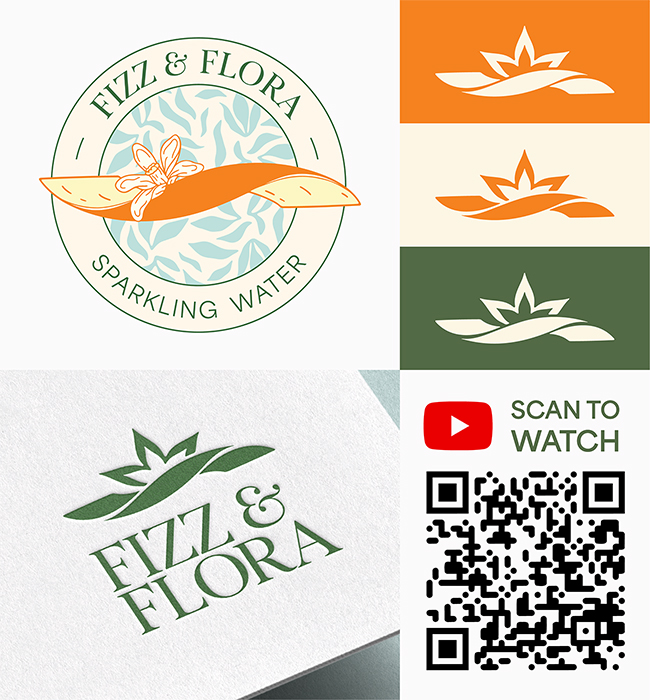 Fizz&Flora brand identity, and Youtube QR code