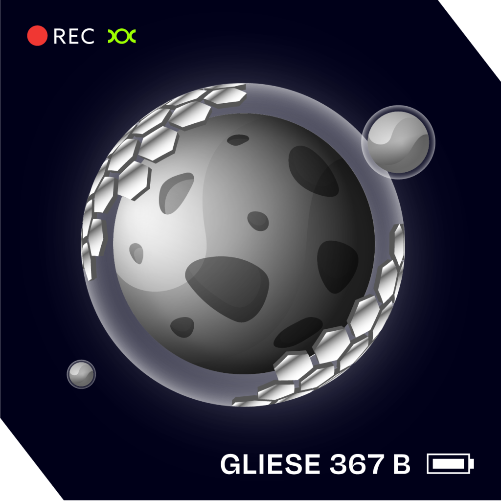 Grey metal planet with two moons