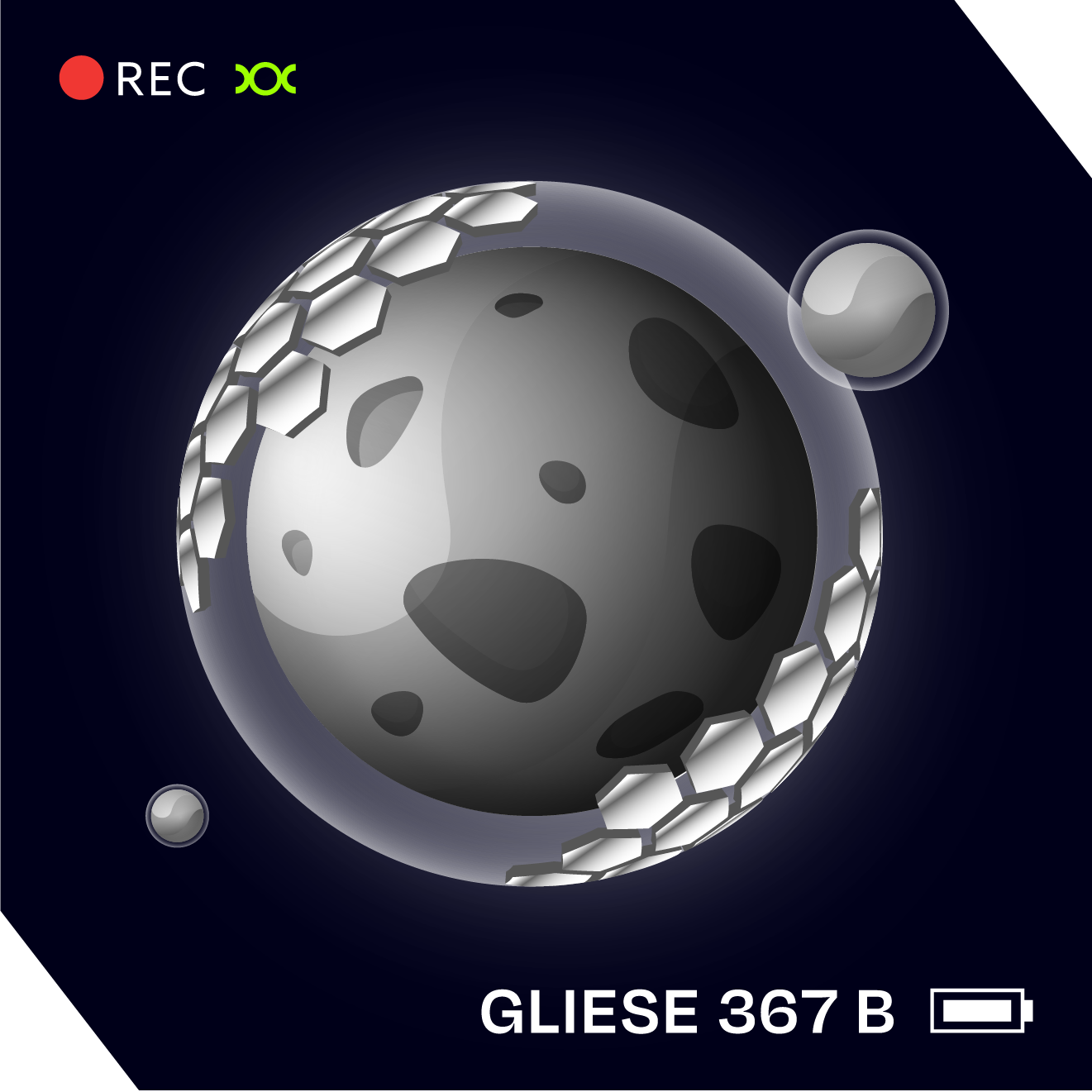 Grey metal planet with two moons