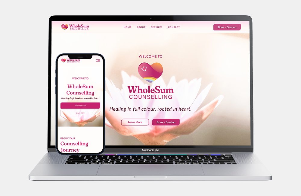 Macbook and mobile mockups of WholeSum Counselling's Hero banner