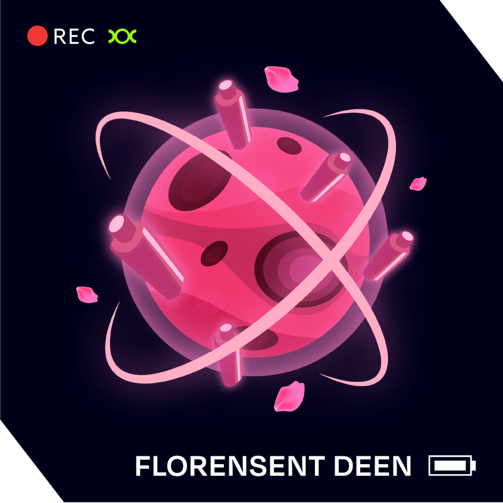 A pink planet made of fluorescent lights like gems with two rings in a cross pattern