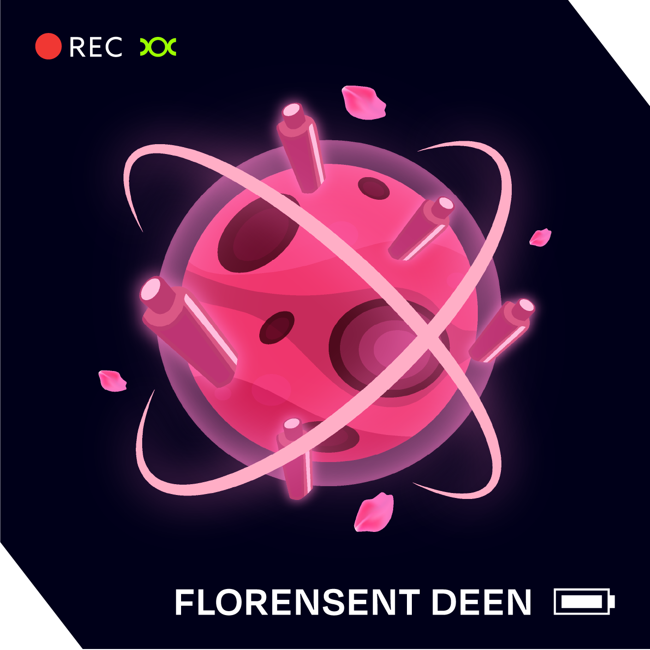 A pink planet made of fluorescent lights like gems with two rings in a cross pattern