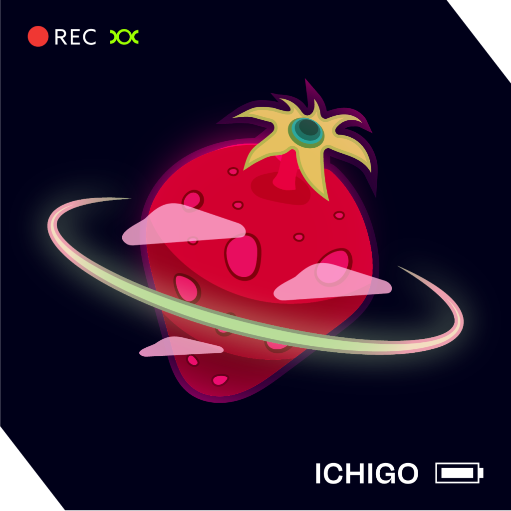 A strawberry shaped planet with a green ring