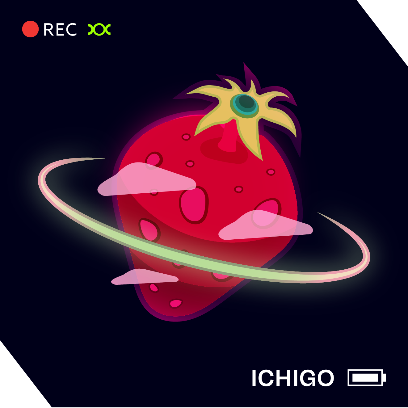 A strawberry shaped planet with a green ring