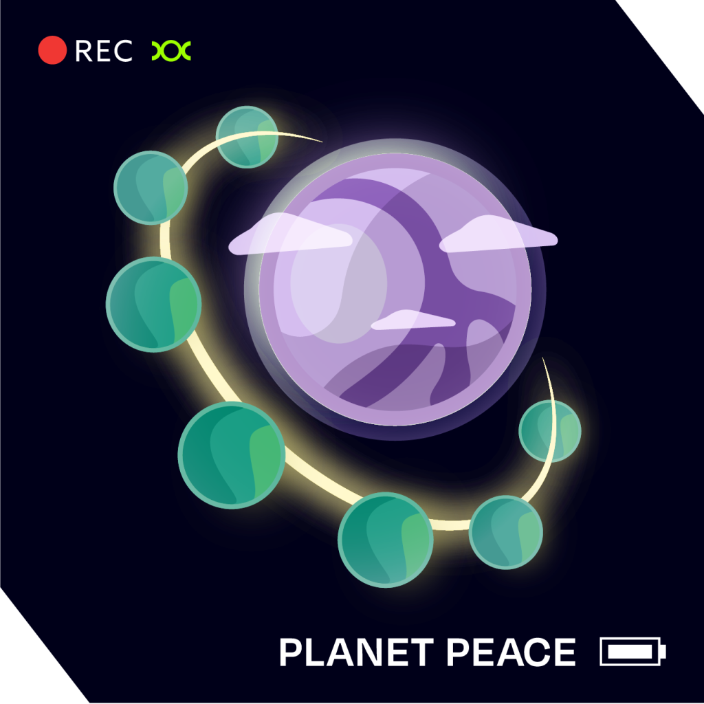 A purple planet with a ring and seven moons