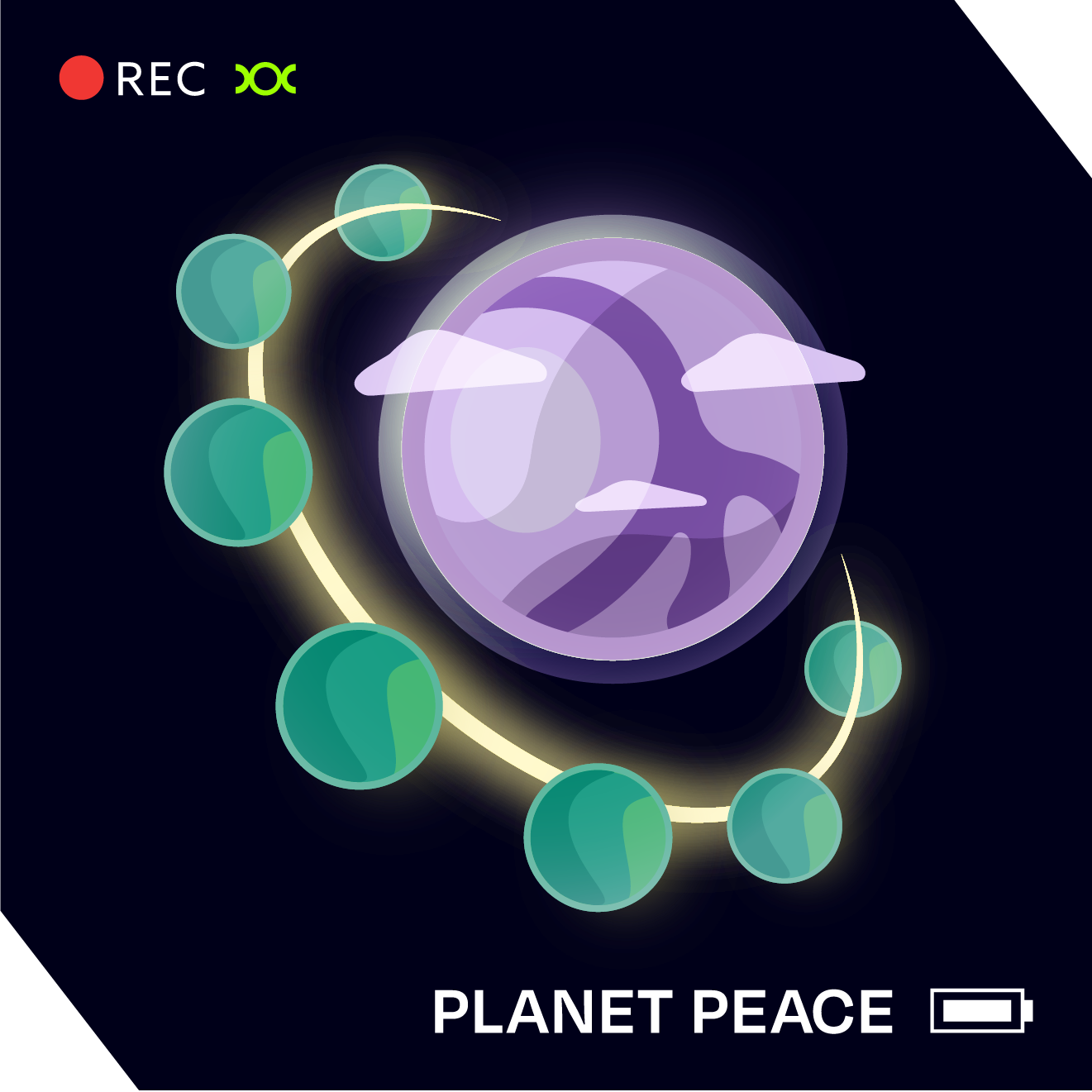 A purple planet with a ring and seven moons